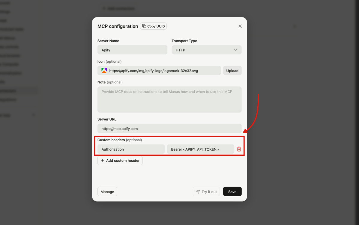 Manus MCP configuration with the Authorization header set to Bearer token in custom headers