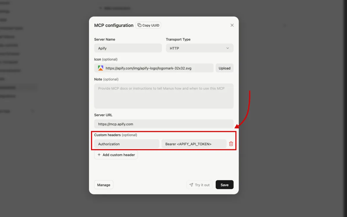 Manus MCP configuration with the Authorization header set to Bearer token in custom headers