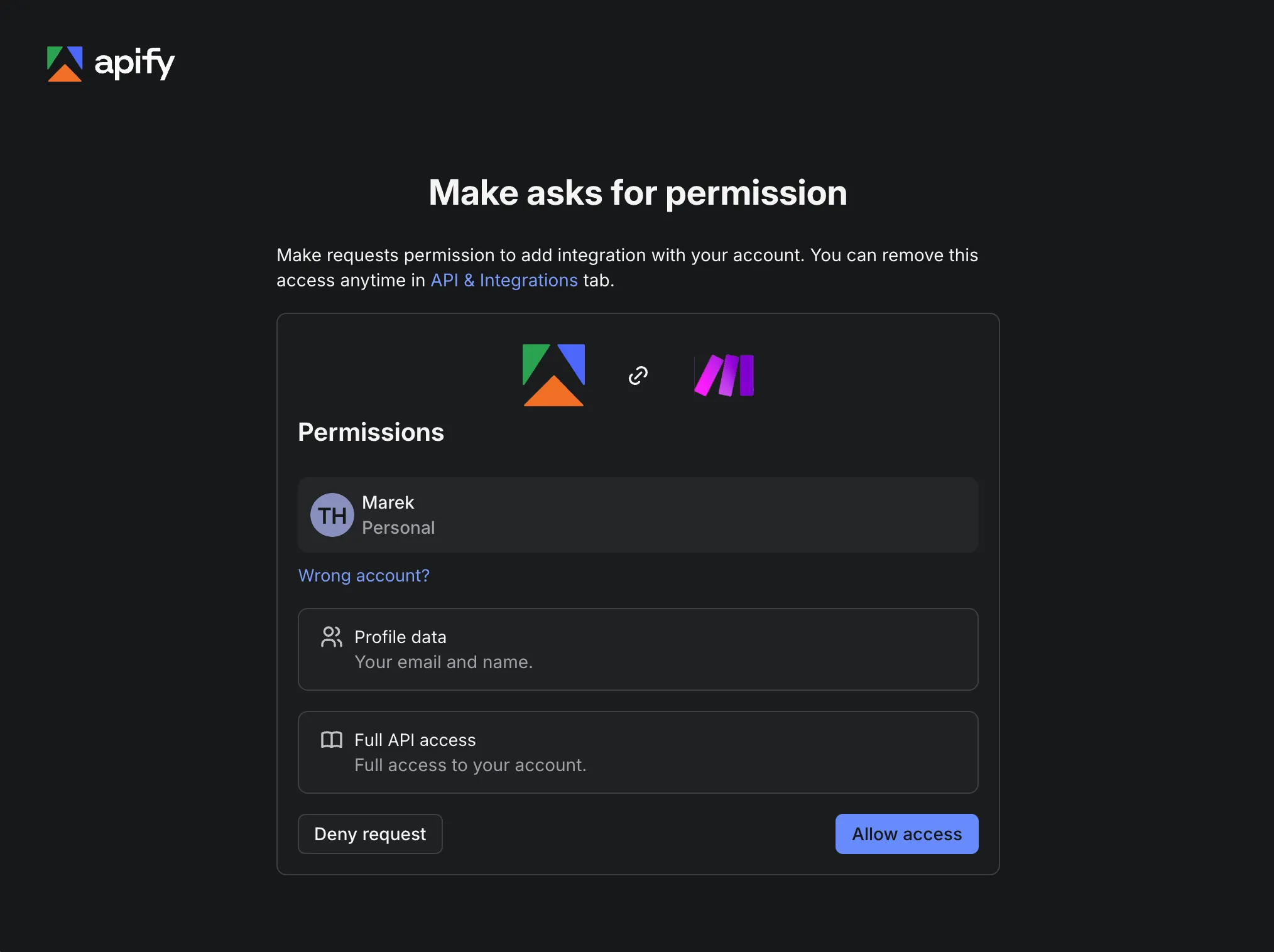Apify permission request for Make