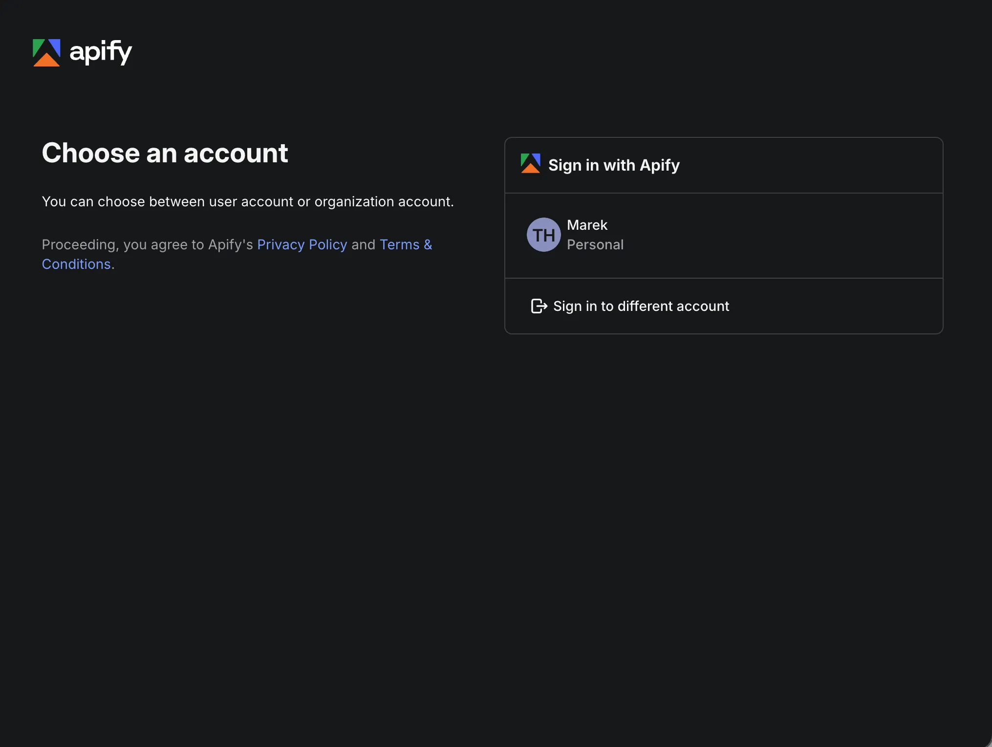 Choose an Apify account