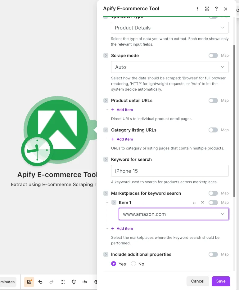 Example input configuration for the Extract using E-commerce Scraping Tool module
