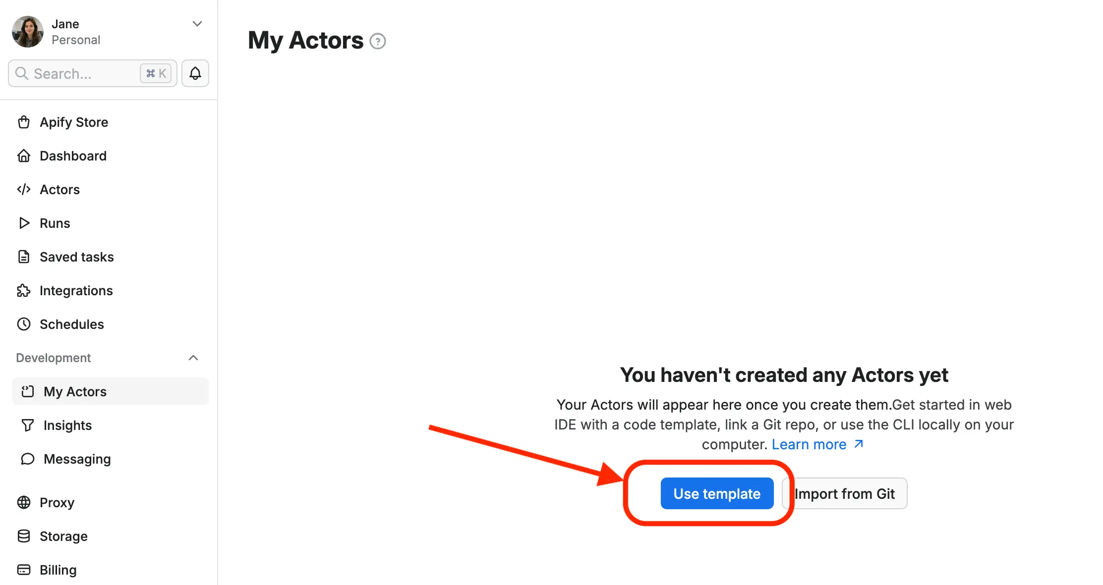 My Actors page with Use template button