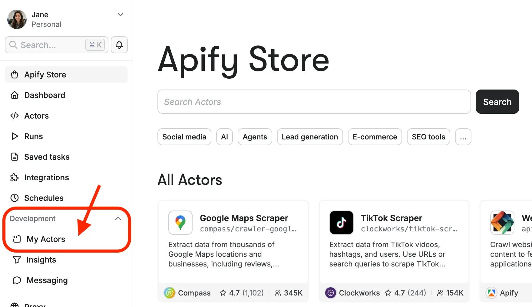 Apify Store welcome screen with Development menu highlighted