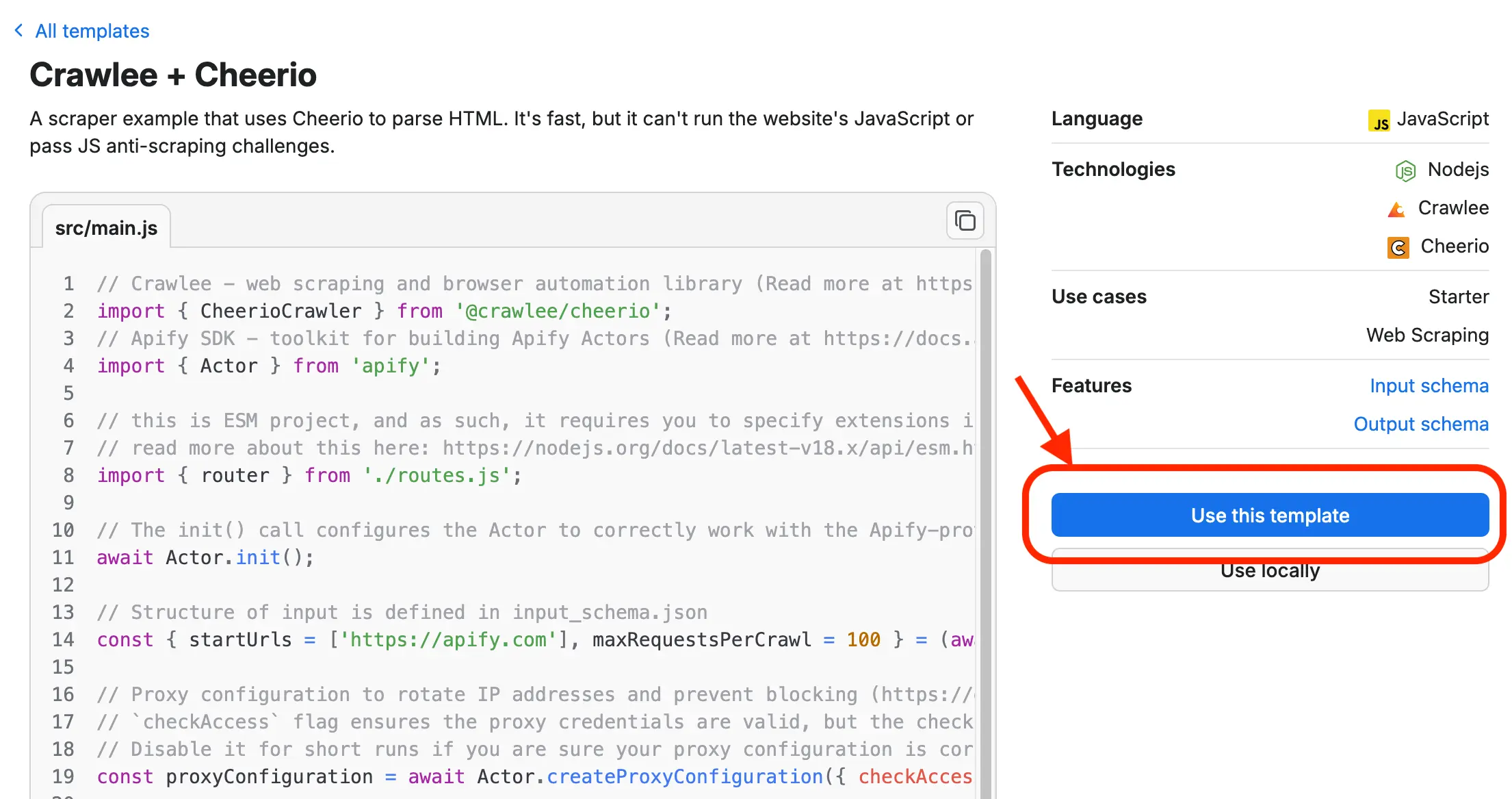 Template preview screen with Use template button