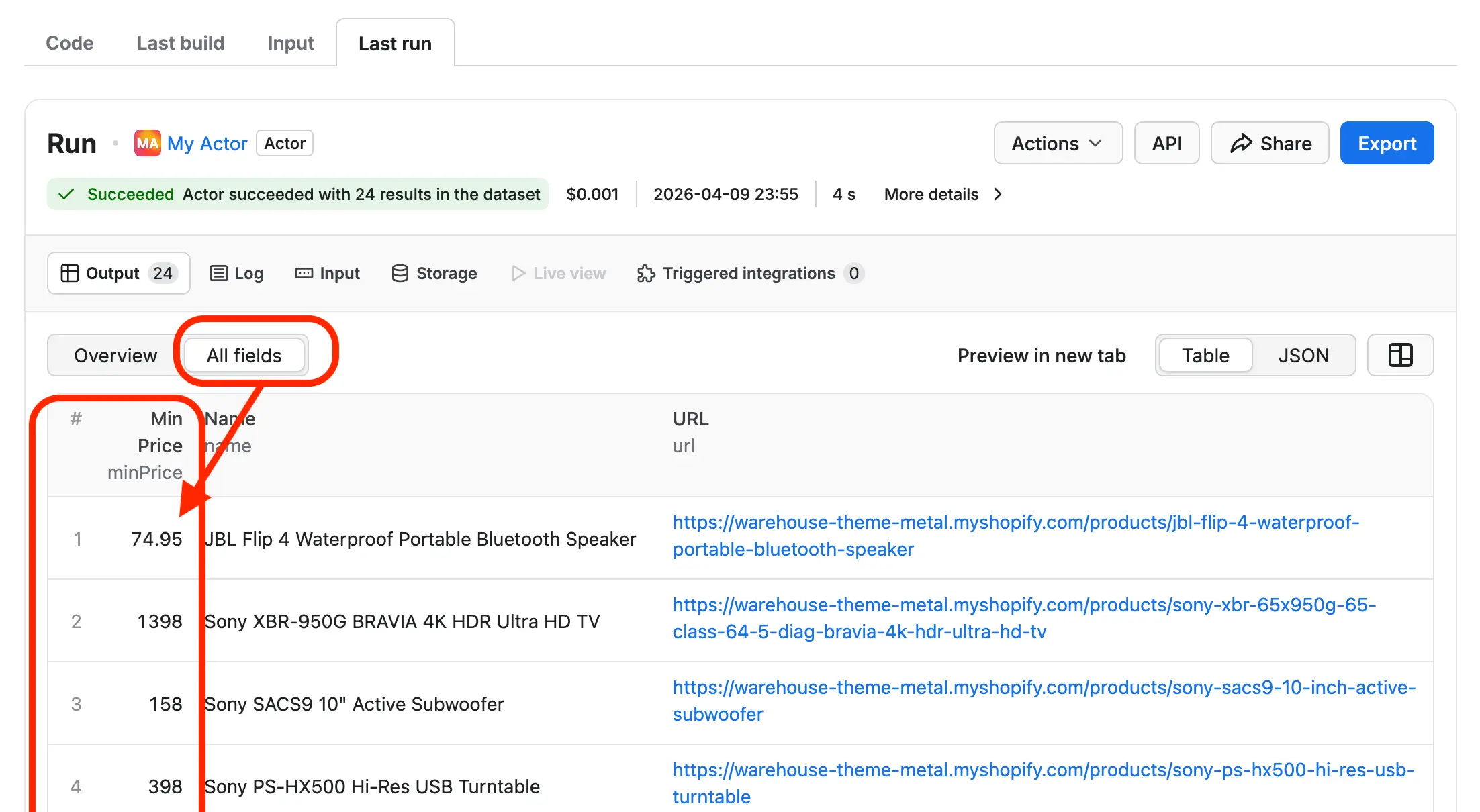 Modified Apify output