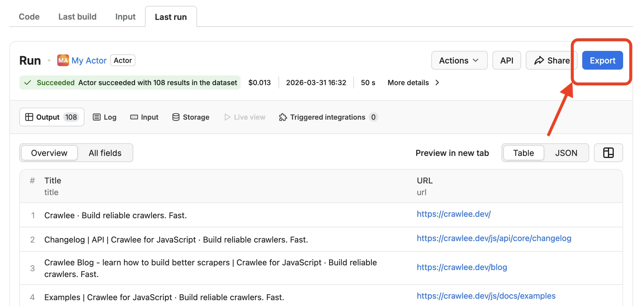 Sample Actor output