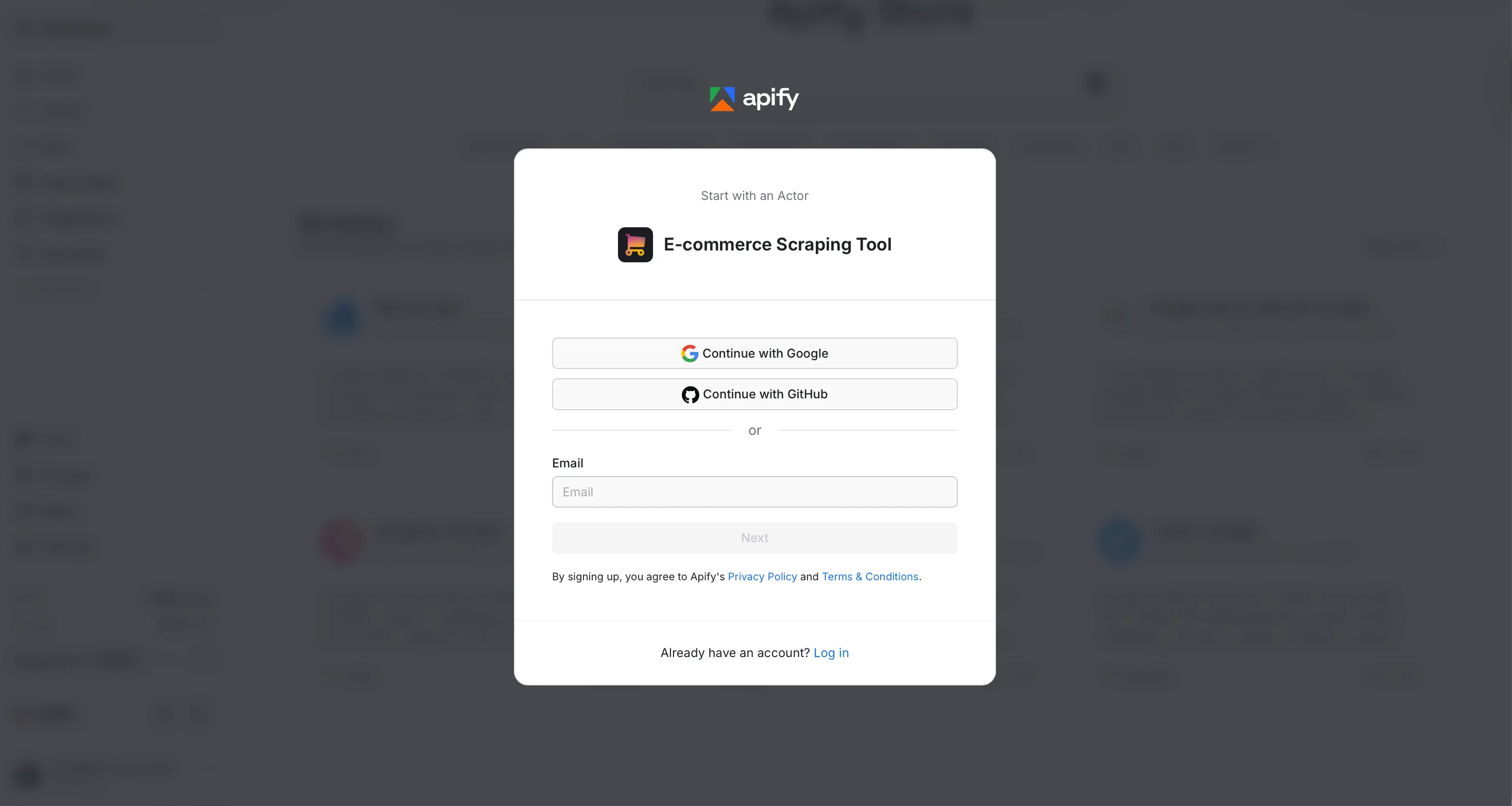 Apify sign-up page