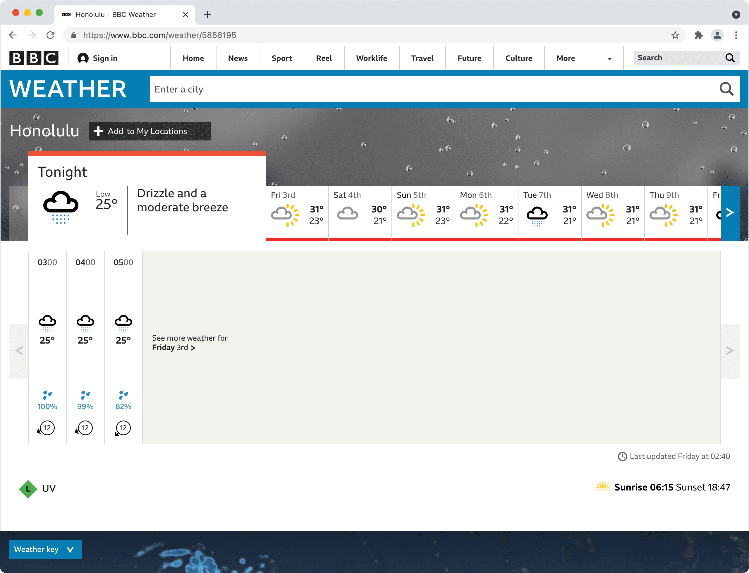 BBC Weather displaying a location with current time between midnight and 5 AM