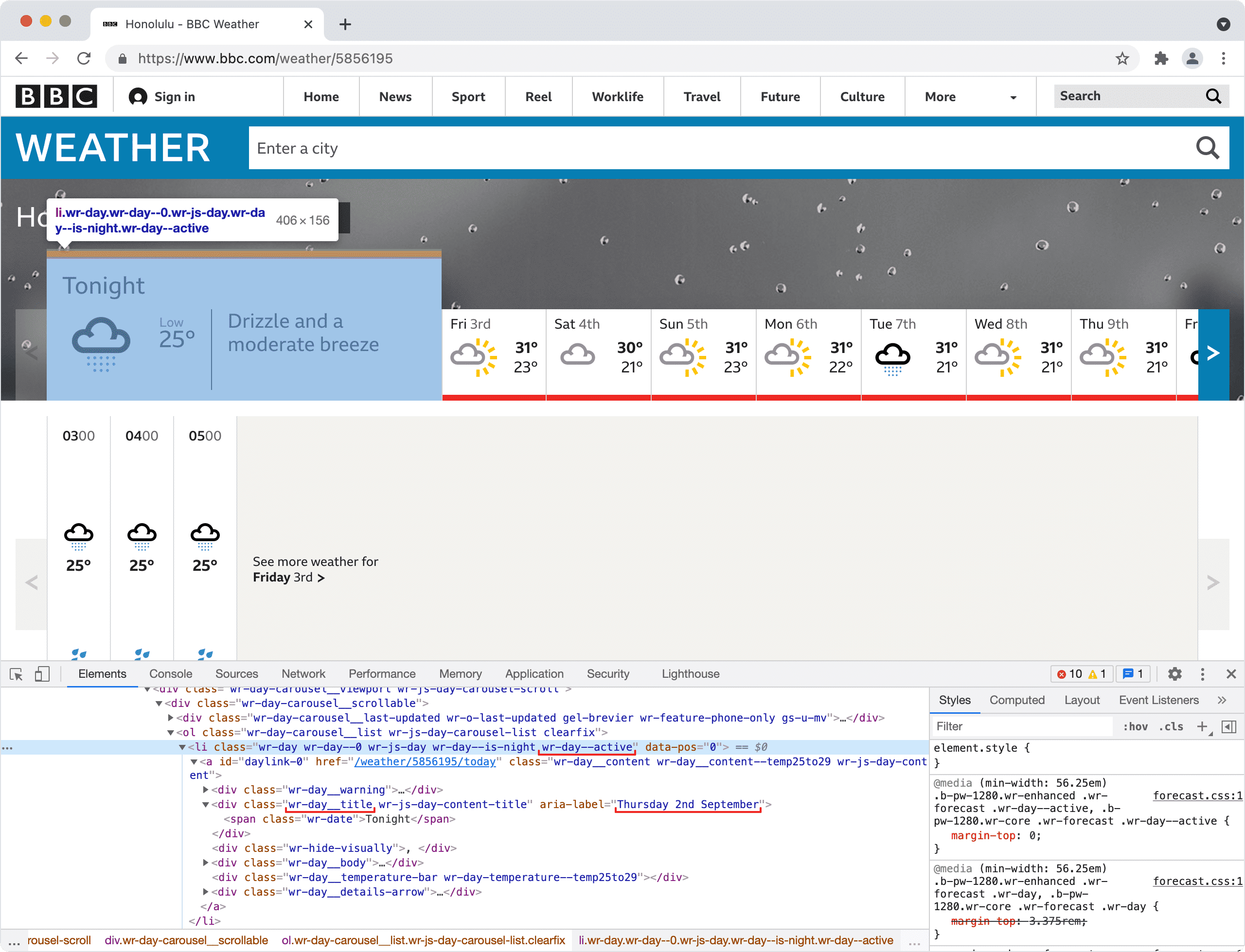 BBC Weather with the DevTools Inspector open