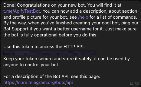 BotFather conversation with new HTTP API token