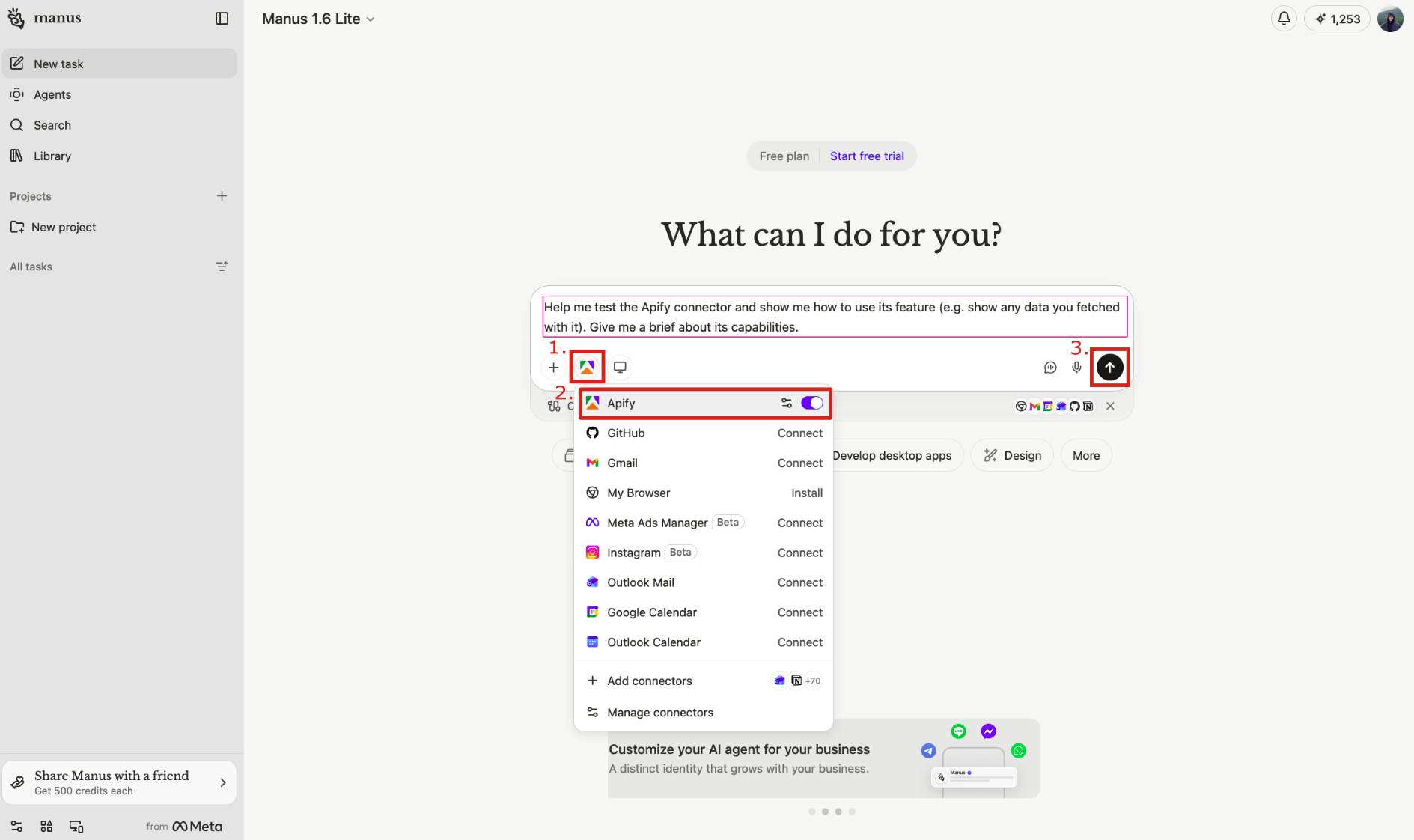 Manus chat interface showing the connectors menu with Apify listed