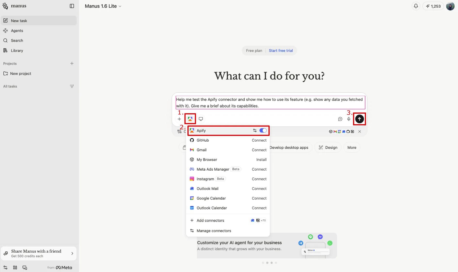 Manus chat interface showing the connectors menu with Apify listed