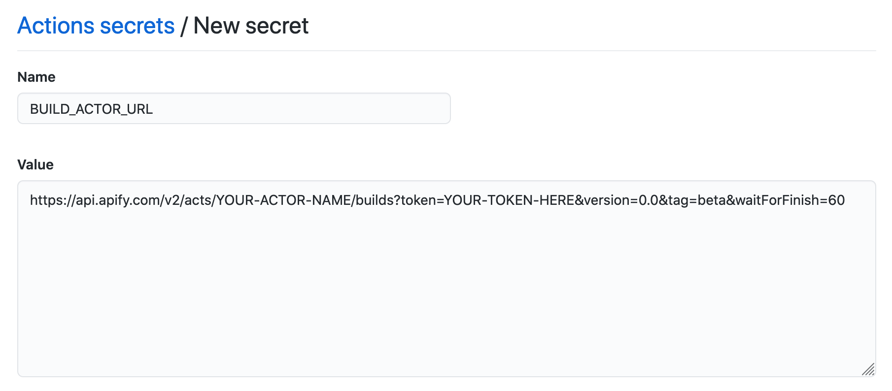 Add build actor URL to secrets