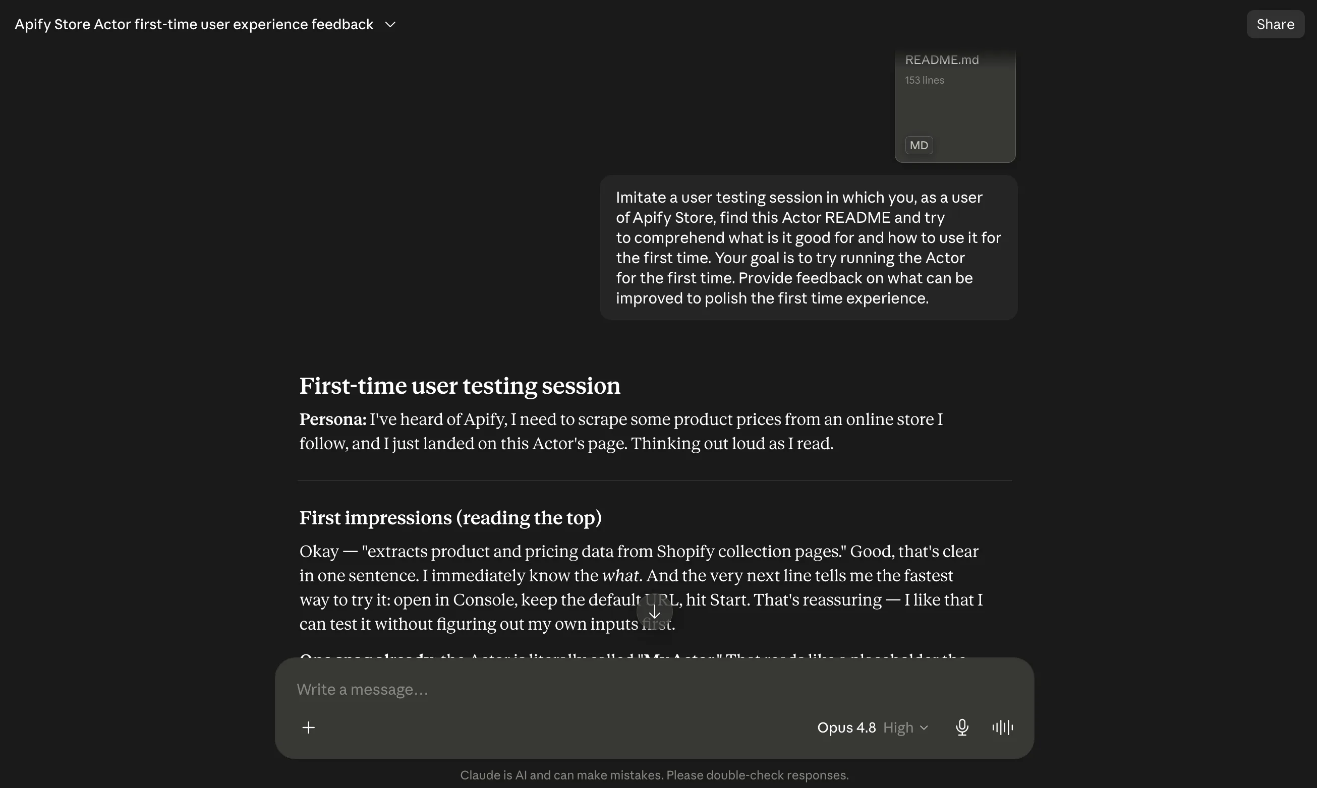 Claude reviewing an Actor README as a first-time user