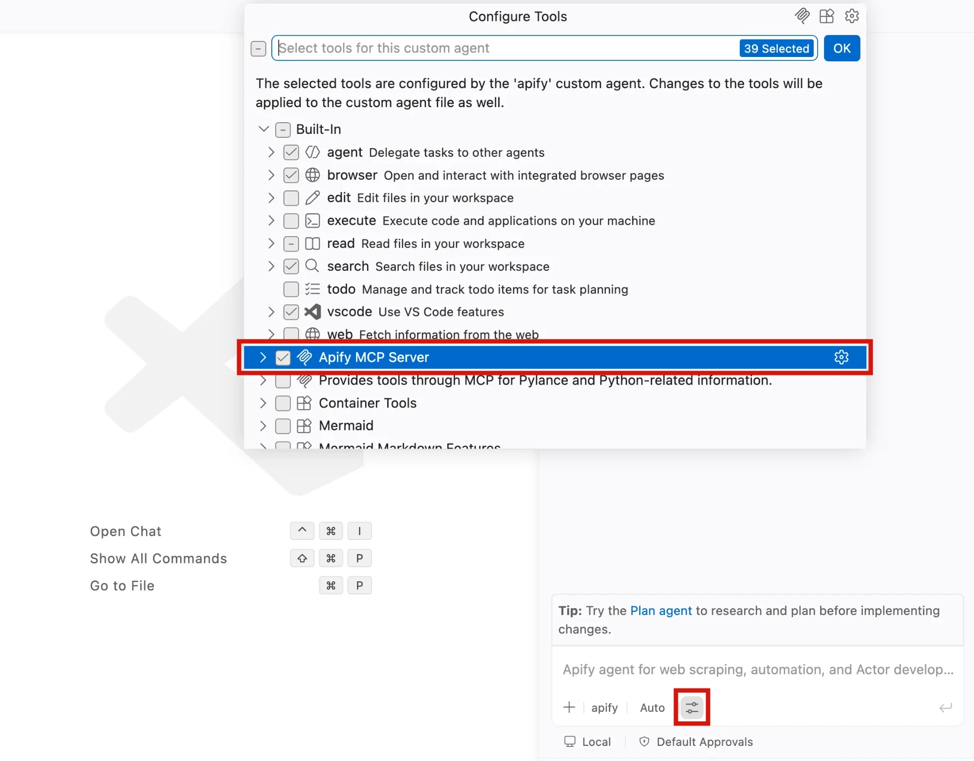 Configure Tools dialog with Apify MCP Server enabled for the apify agent