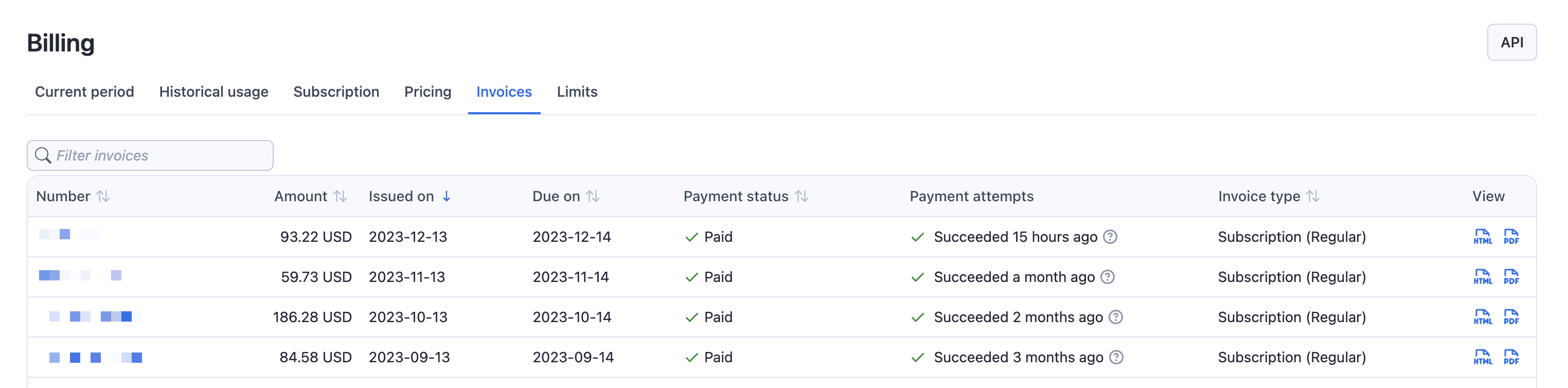 Apify Console invoices view