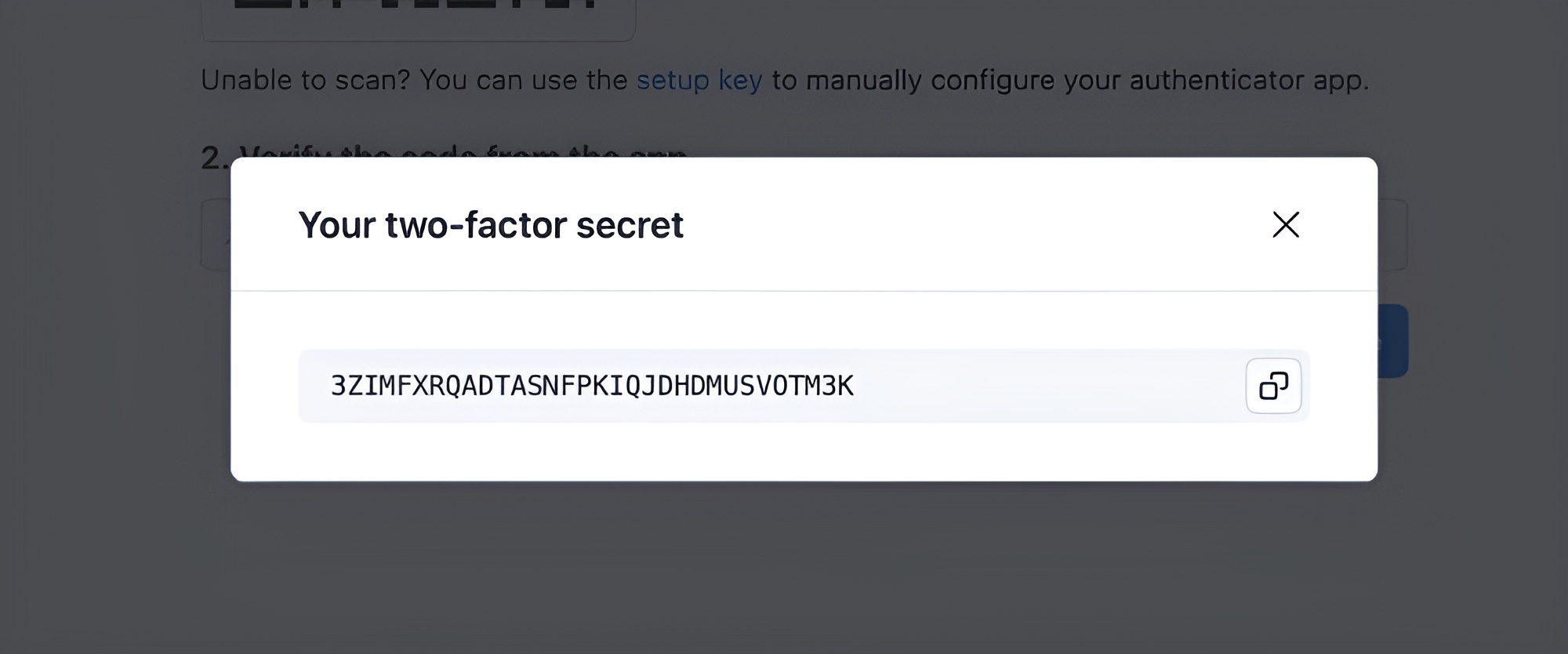 Apify Console setup two-factor authentication - key
