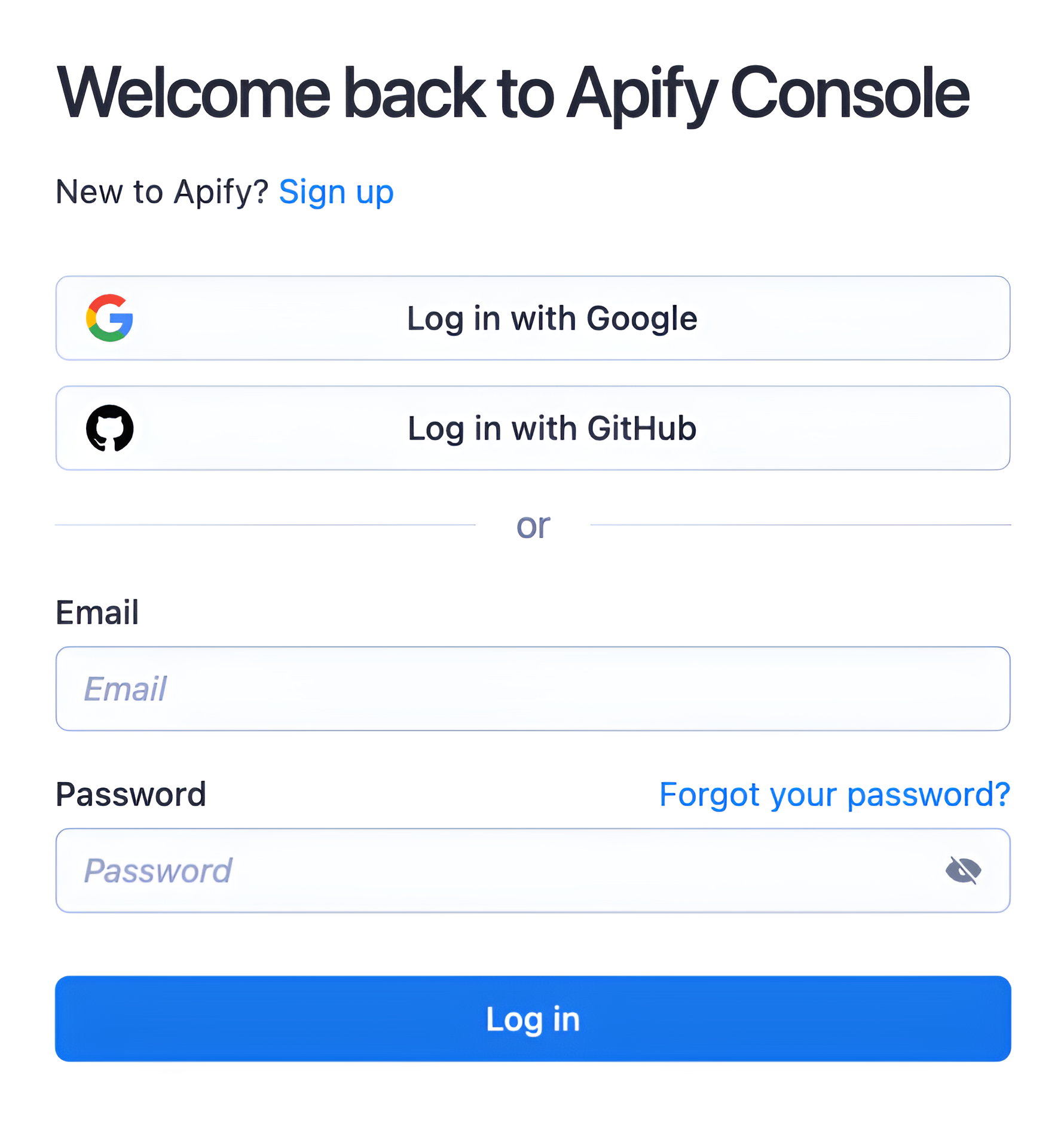 Apify Console sign-in form