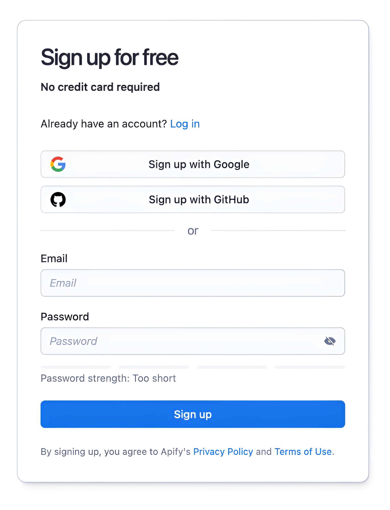 Apify Console sign-up form