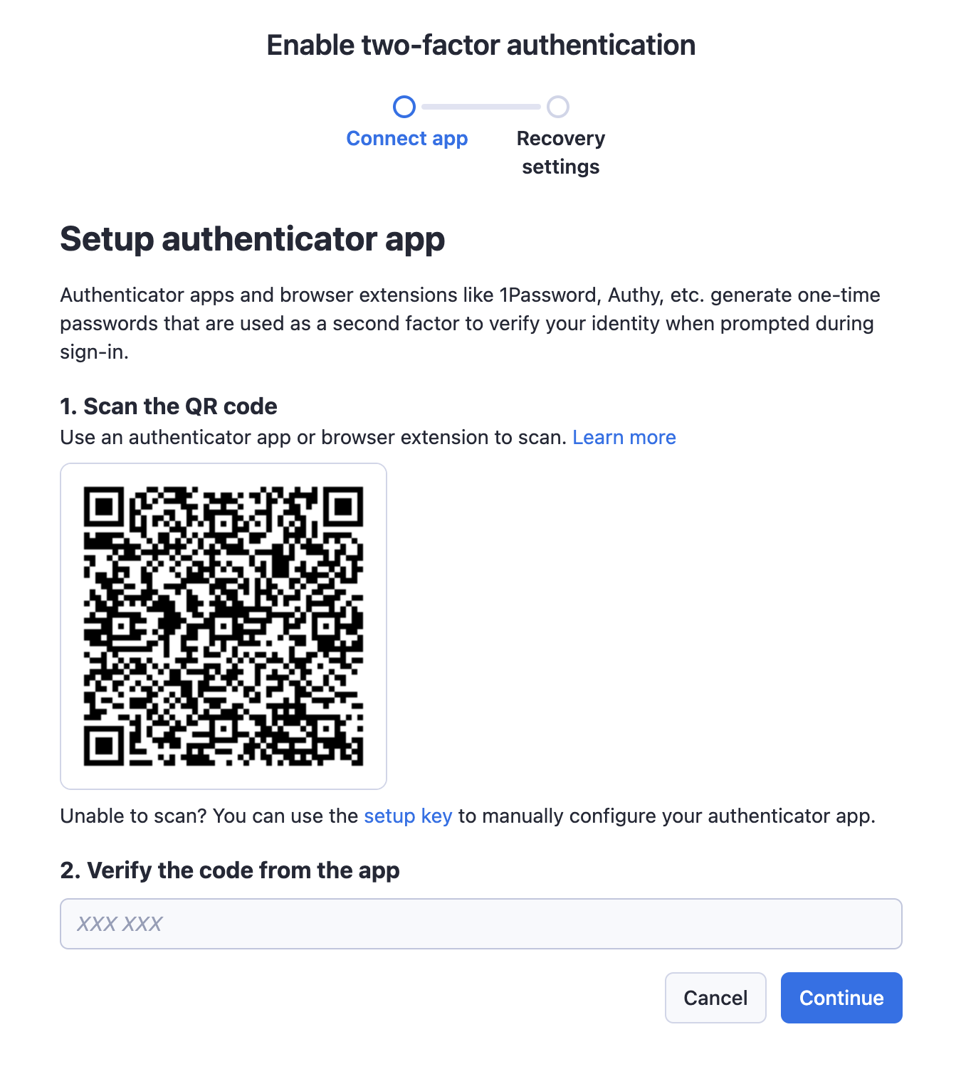Apify Console setup two-factor authentication - app