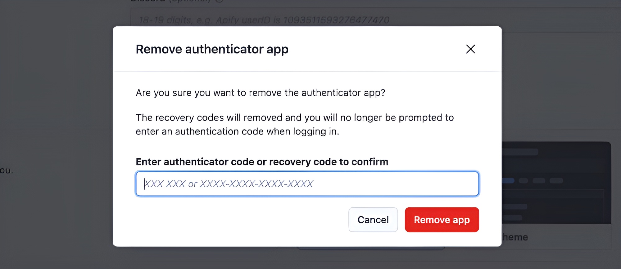 Apify Console disable two-factor authentication modal