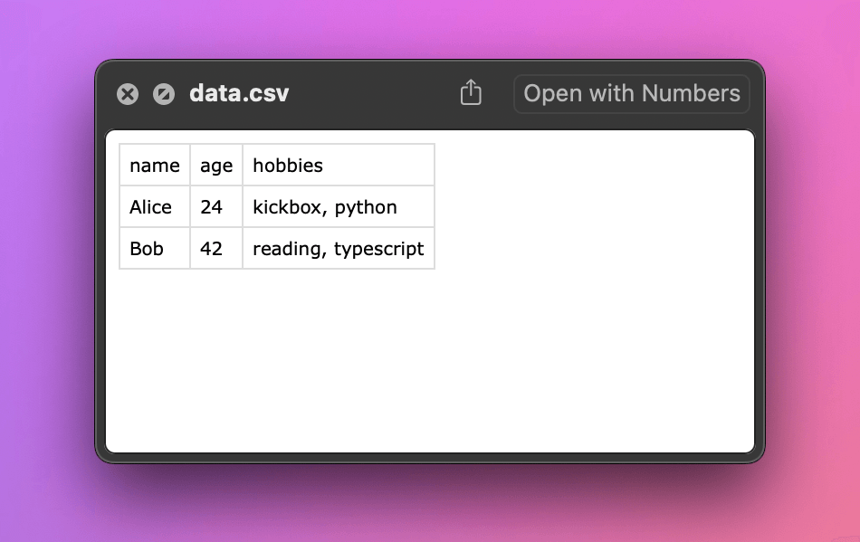 CSV example preview