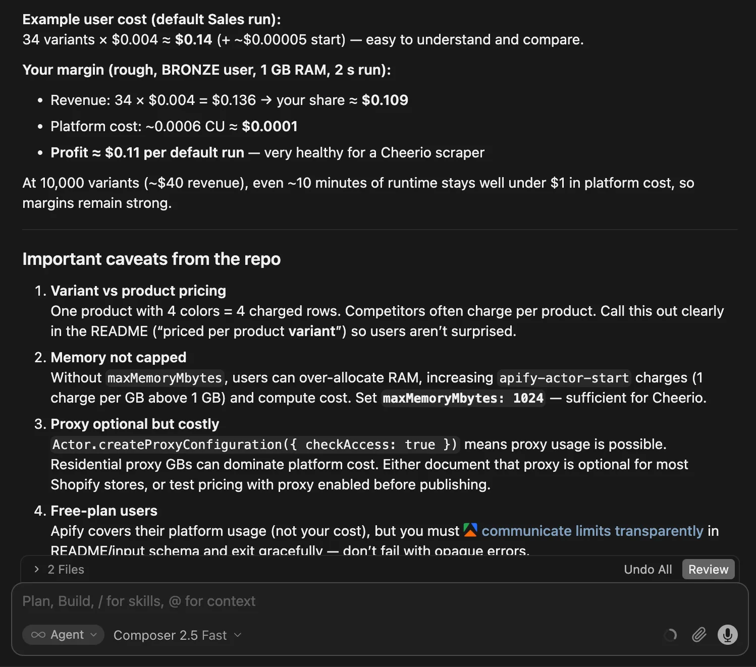 Cursor suggesting pricing for the Actor