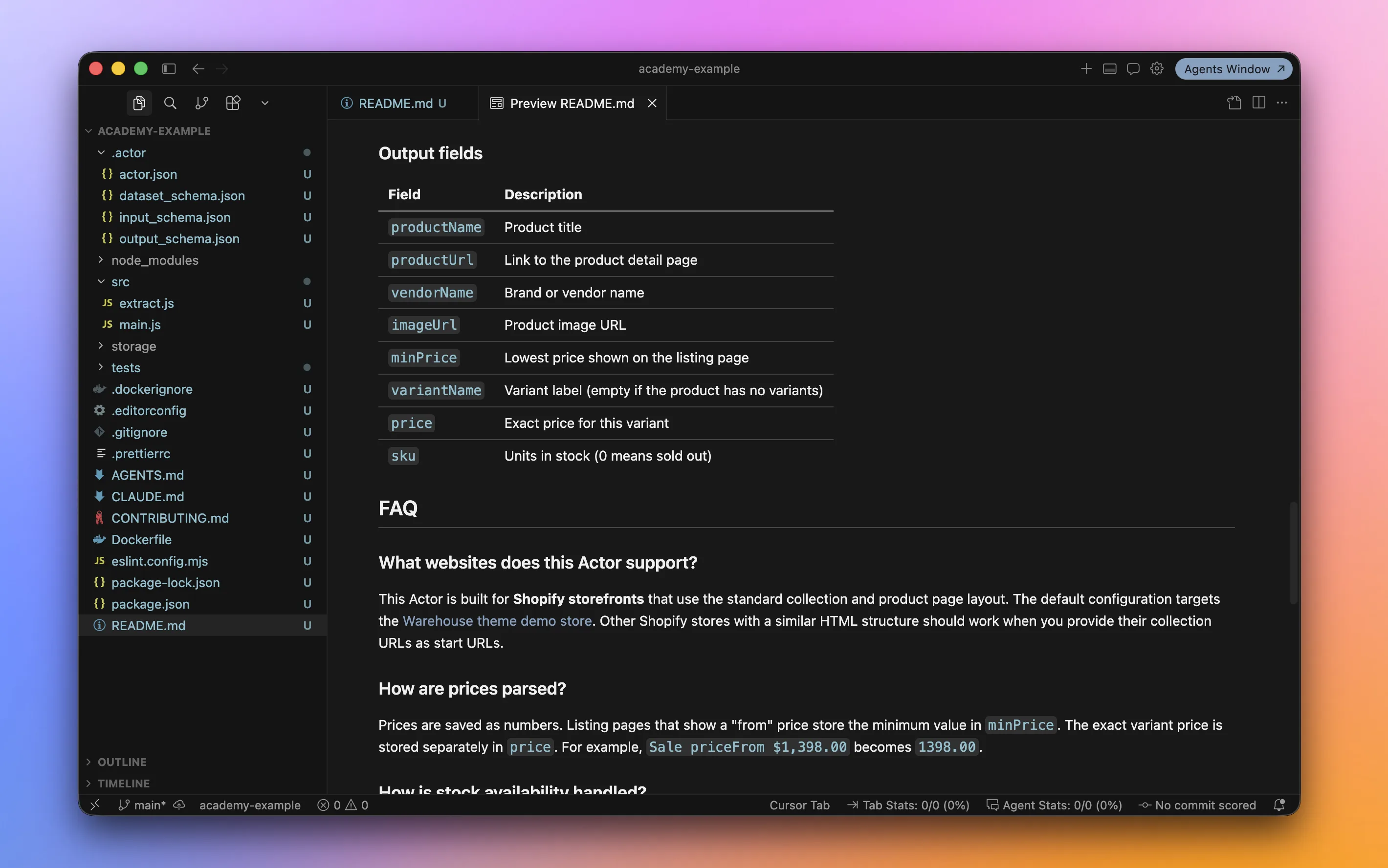 Output fields and FAQ in the README preview