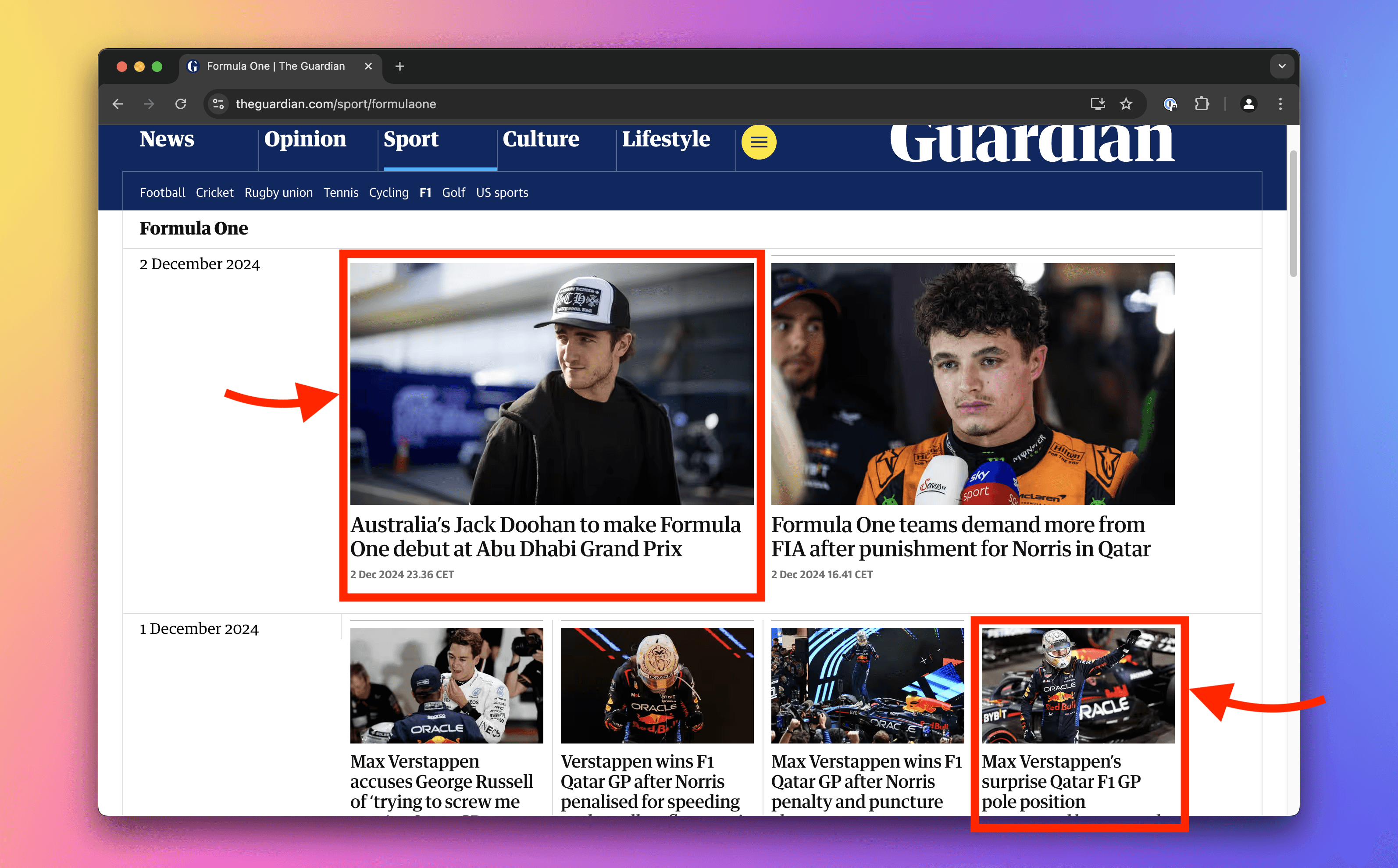 Articles on Guardian&#39;s page about F1