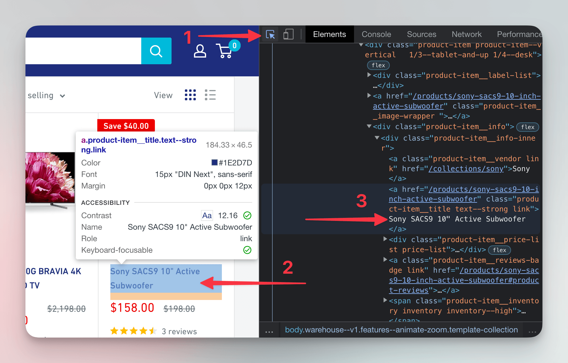 Selecting an element with DevTools