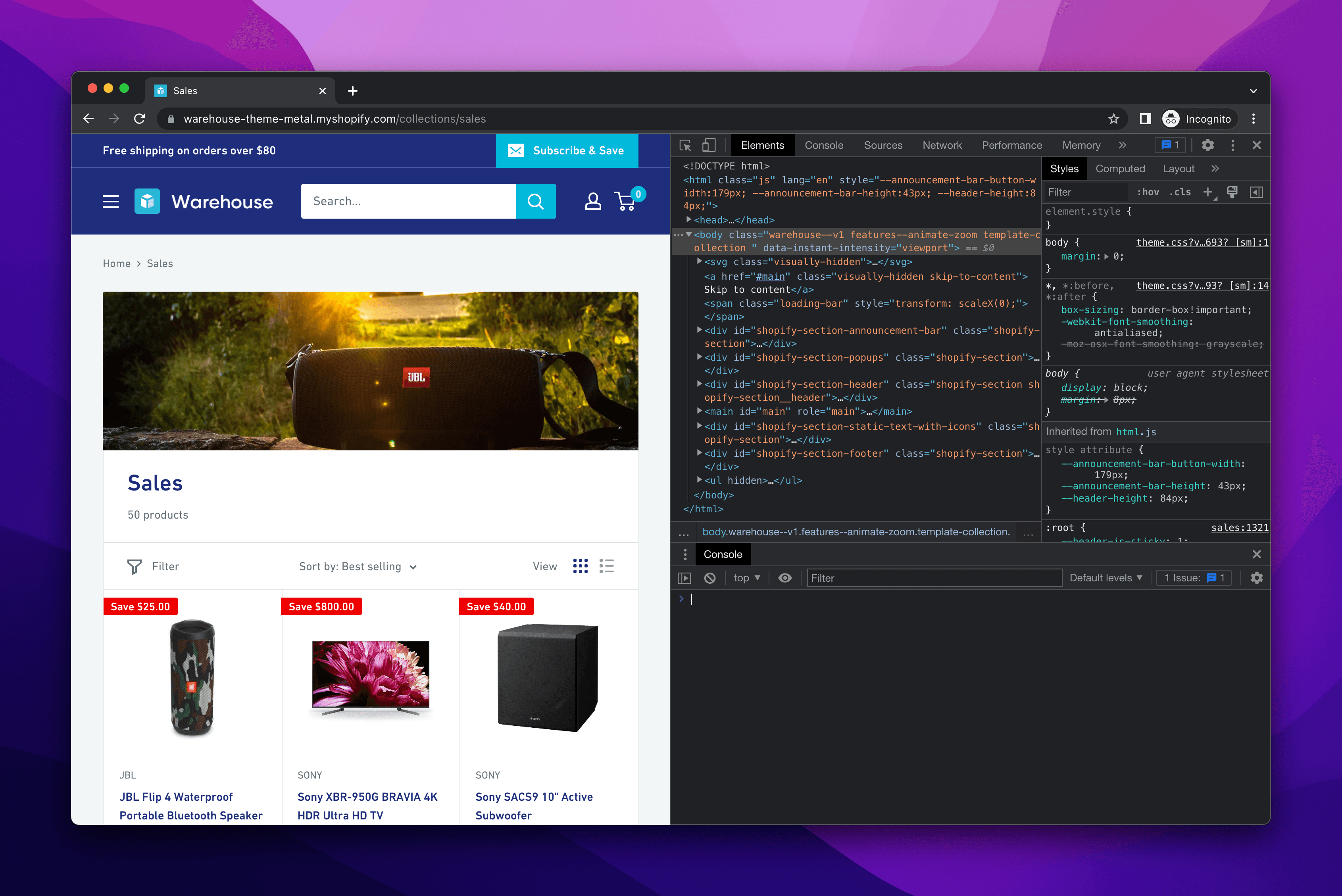 Warehouse store with DevTools open