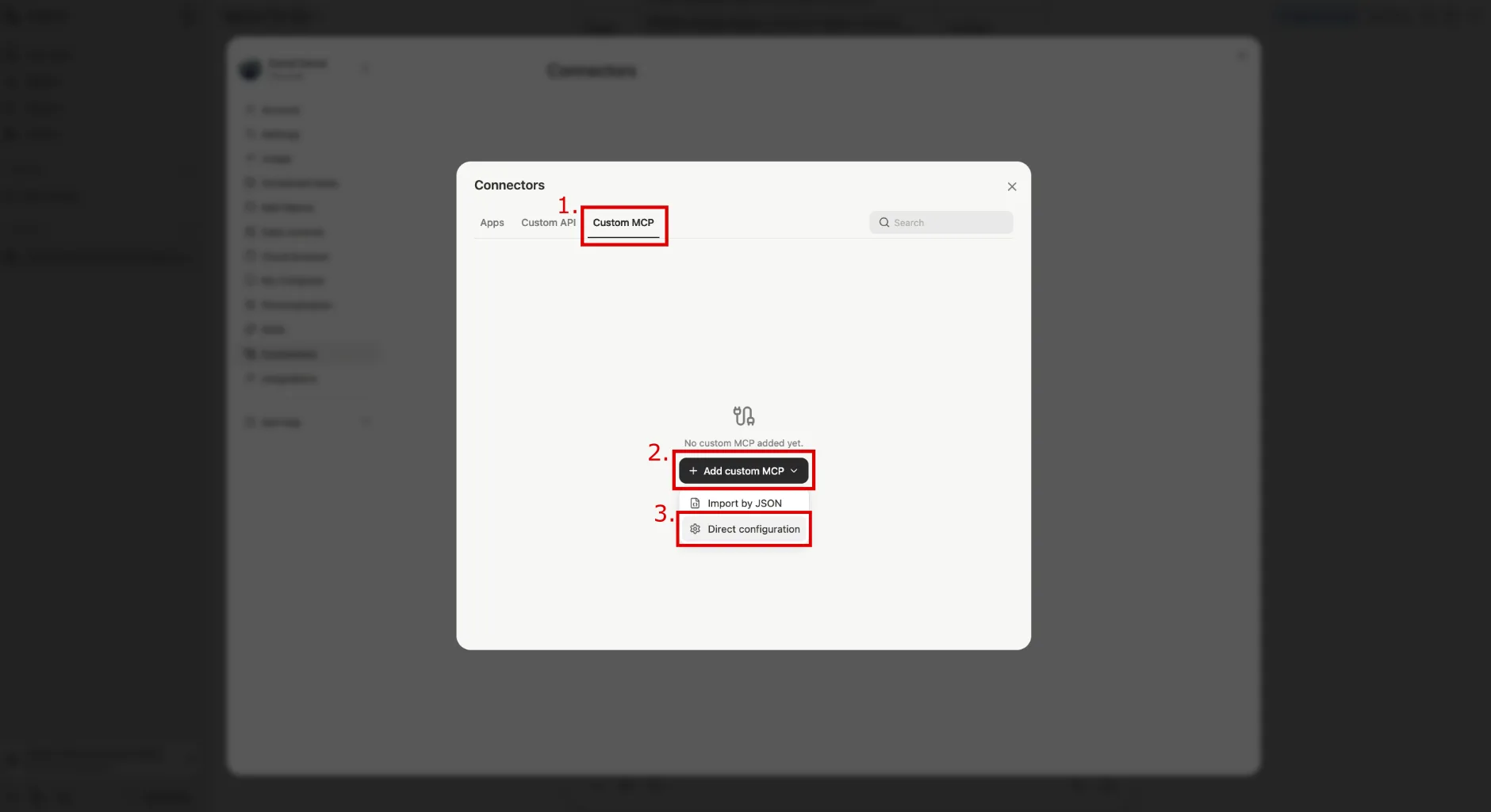 Custom MCP tab and Direct configuration option highlighted in Manus