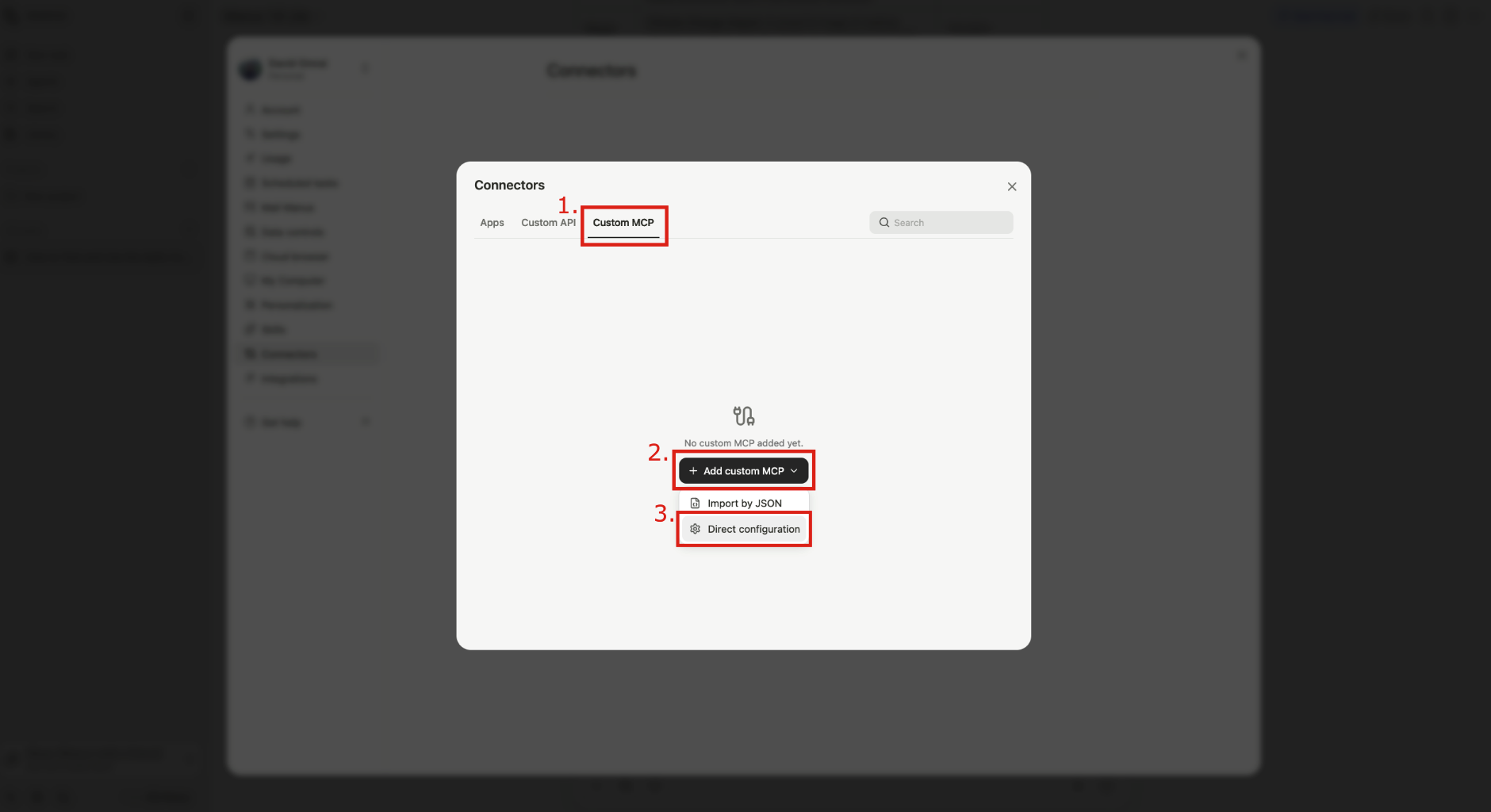 Custom MCP tab and Direct configuration option highlighted in Manus