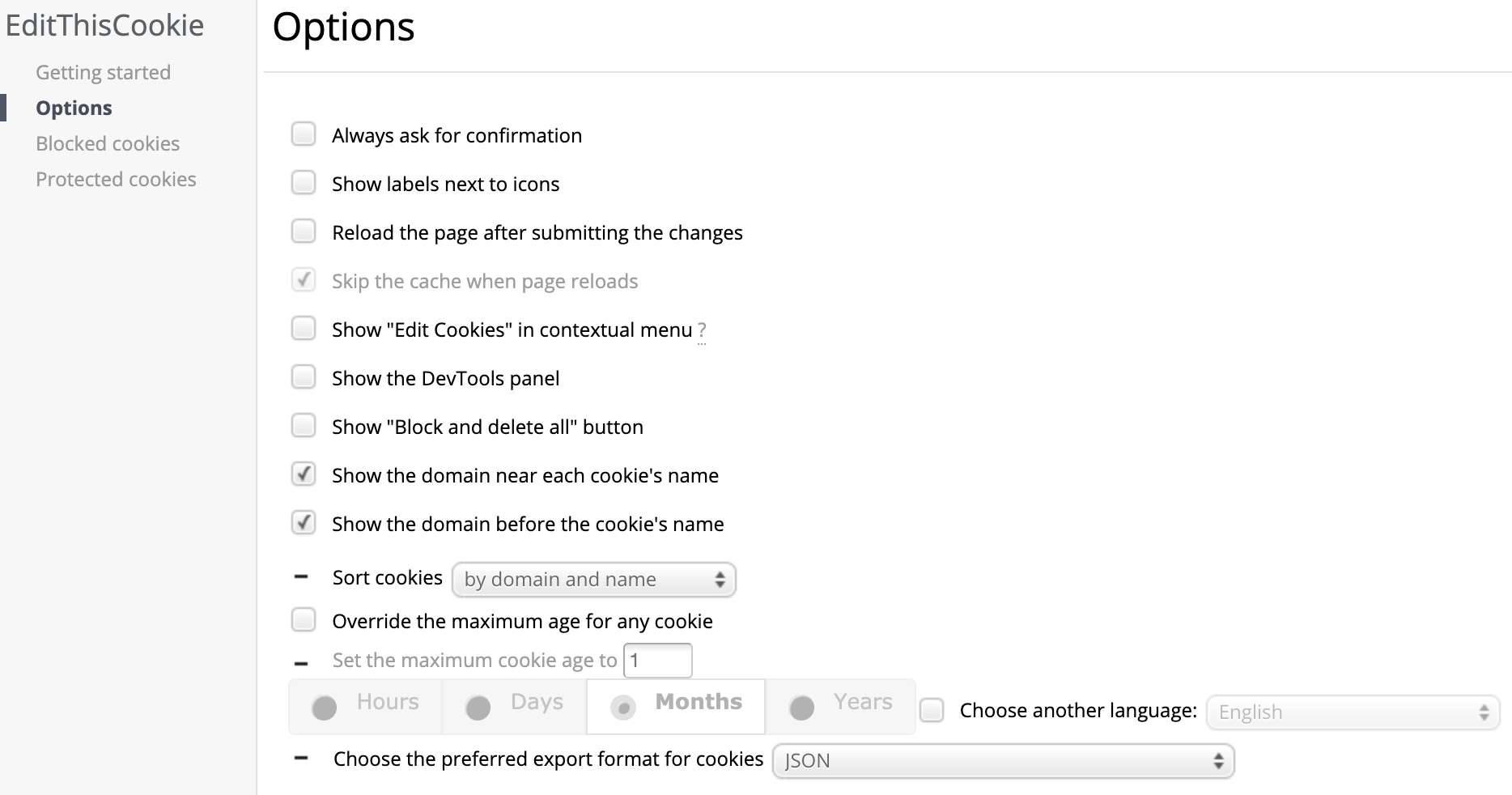 EditThisCookie options