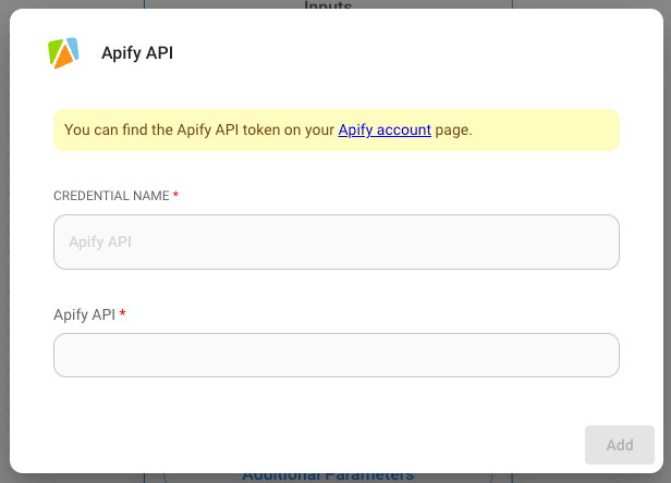 Apify API token screen
