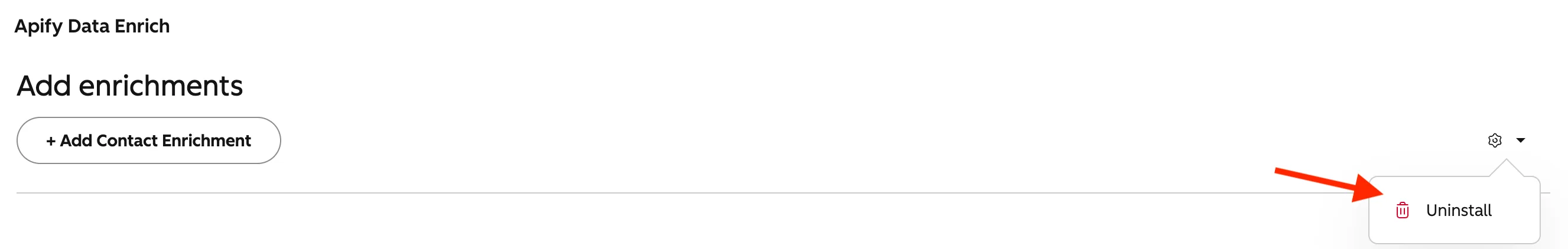 Uninstall option in the Apify card settings menu