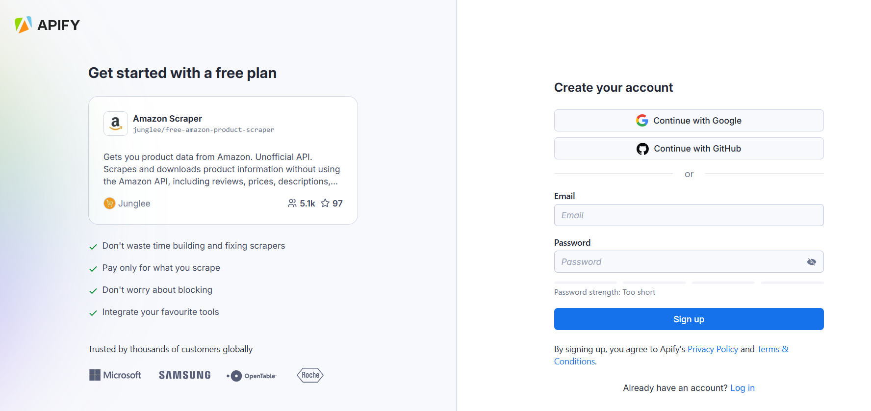 Sign up page