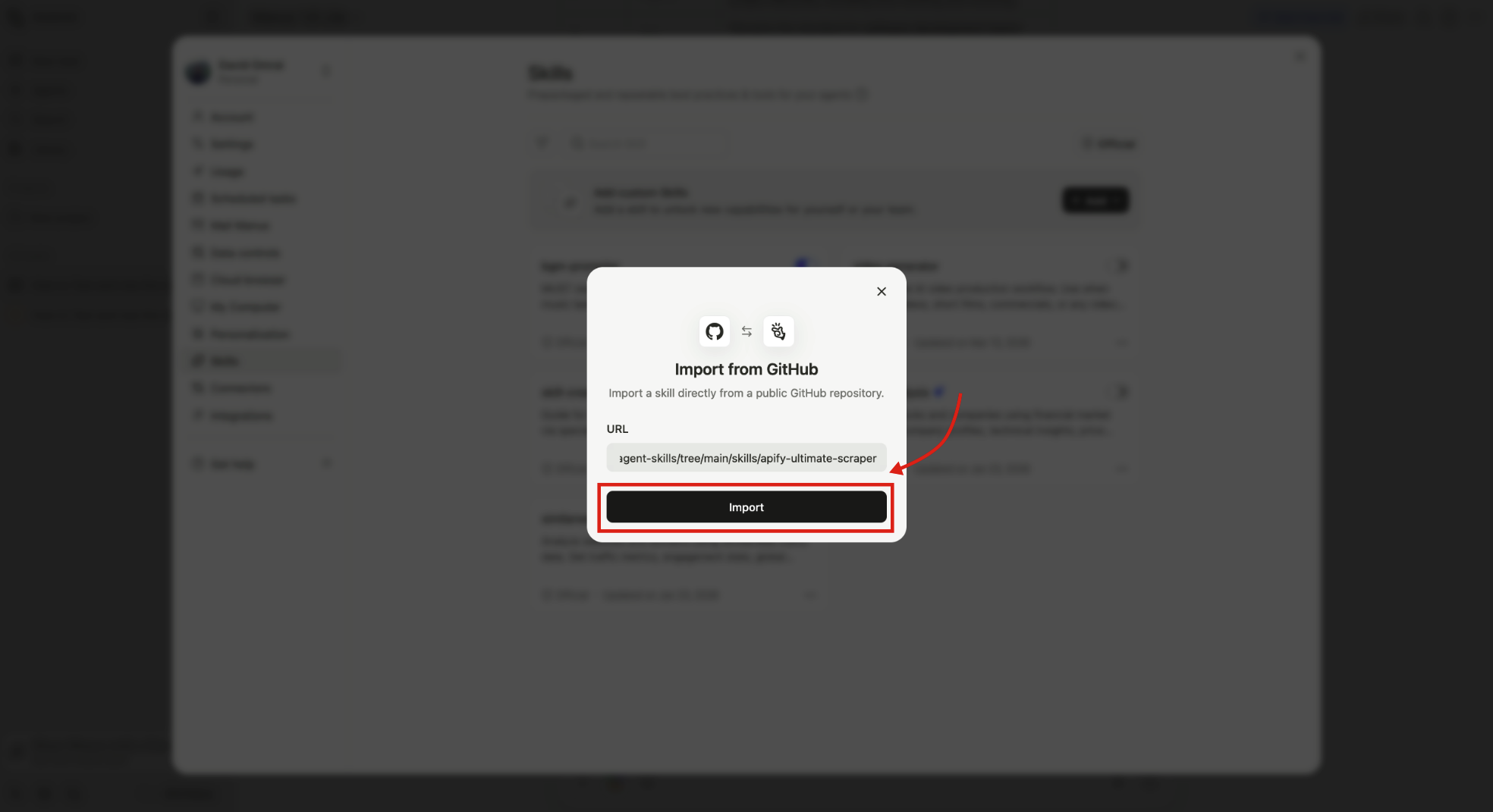 Import from GitHub dialog with the skill URL filled in and the Import button highlighted