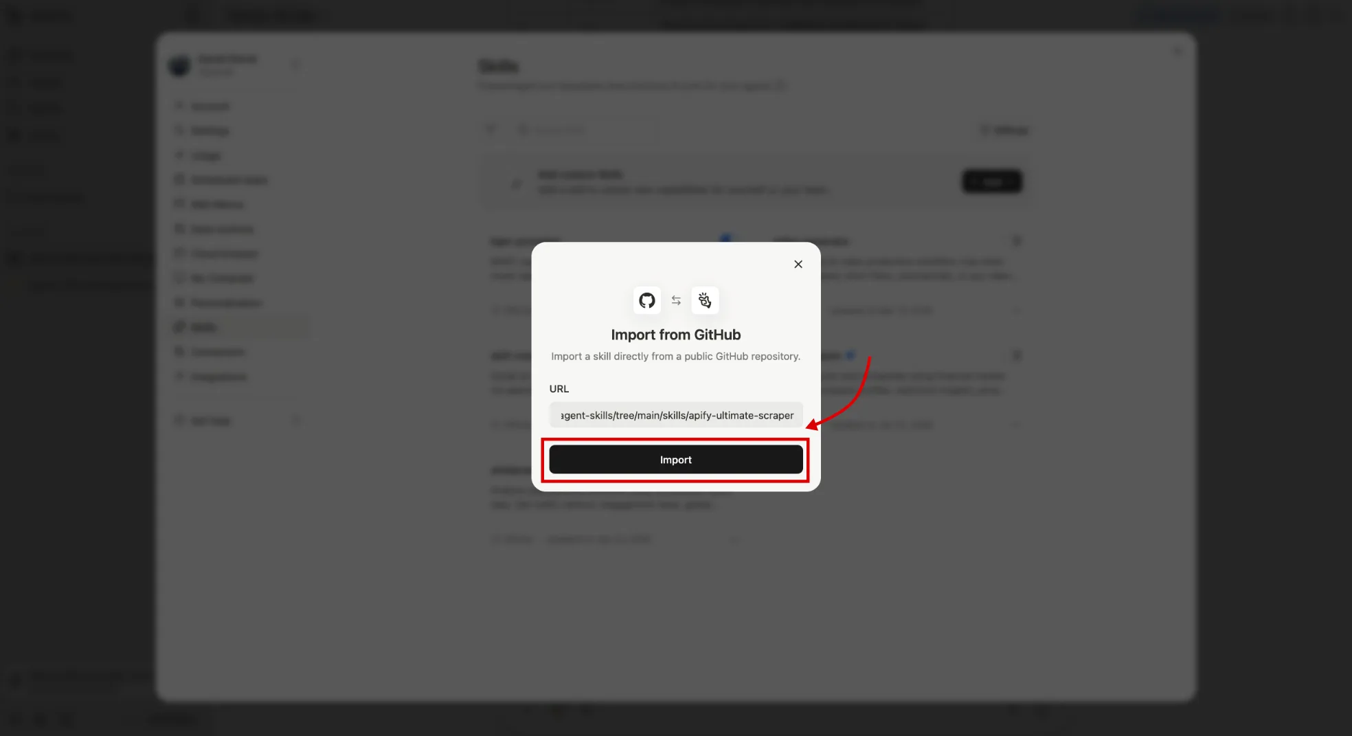 Import from GitHub dialog with the skill URL filled in and the Import button highlighted