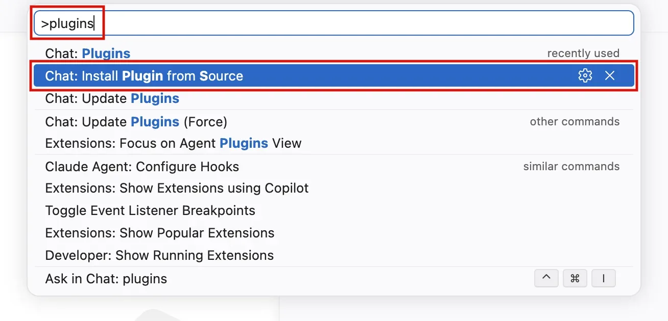 VS Code Command Palette with the Chat: Install Plugin from Source command selected