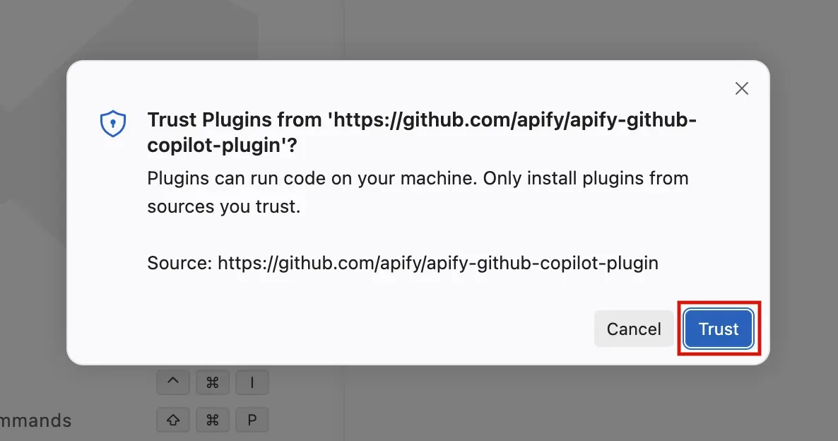 VS Code dialog asking whether to trust plugins from the Apify repository