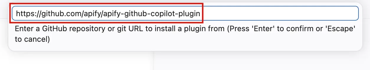 VS Code input field with the Apify plugin repository URL pasted in