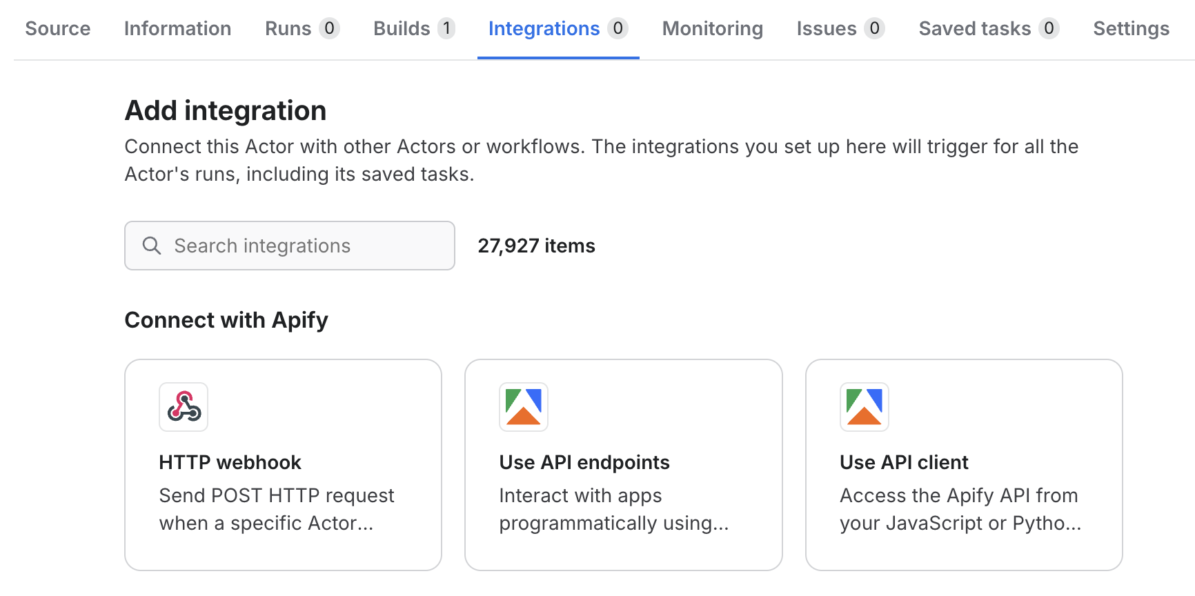 Integrations tab in Apify Console