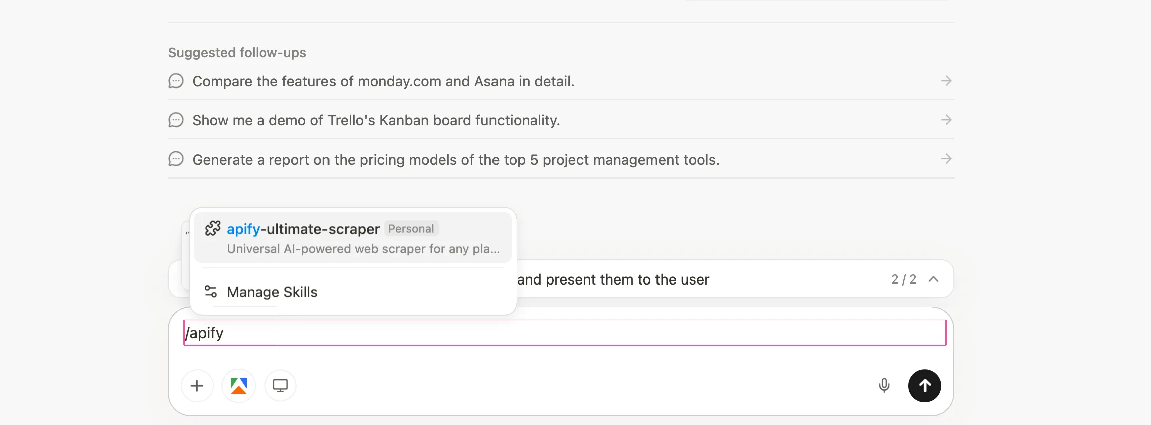 Manus chat input showing the /apify skill autocomplete with apify-ultimate-scraper suggested