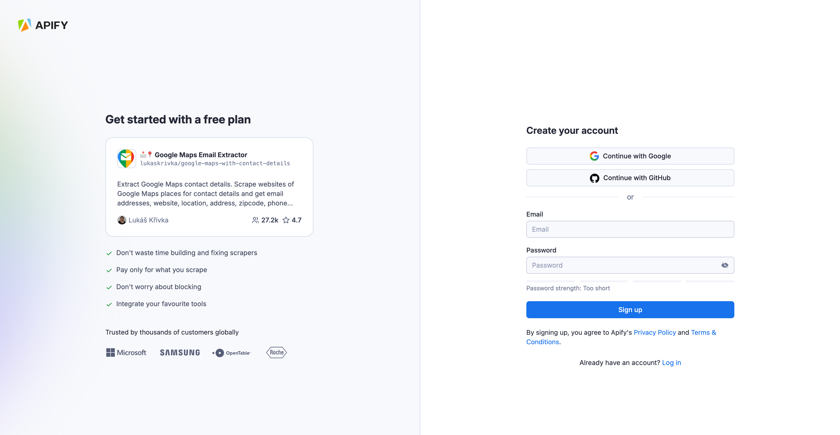 Sign up page