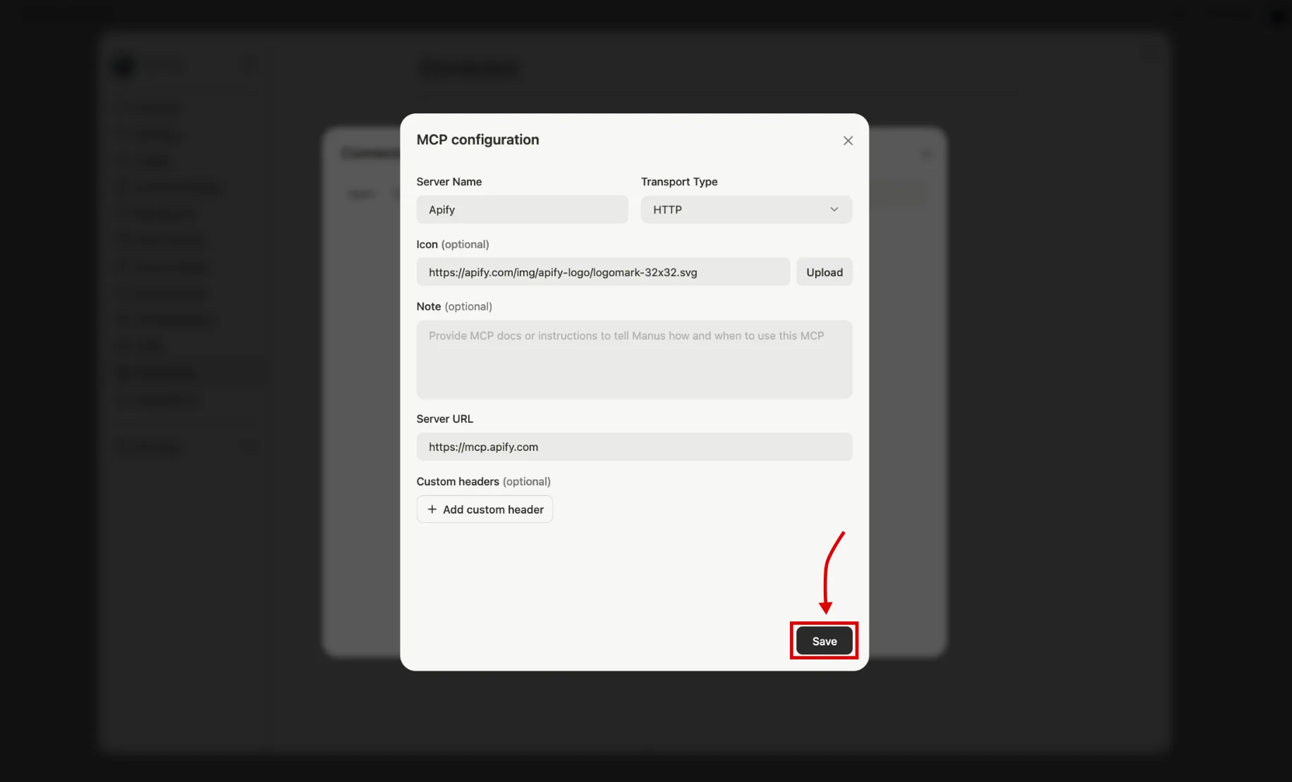 Manus MCP configuration form filled in with Apify server details and the Save button highlighted