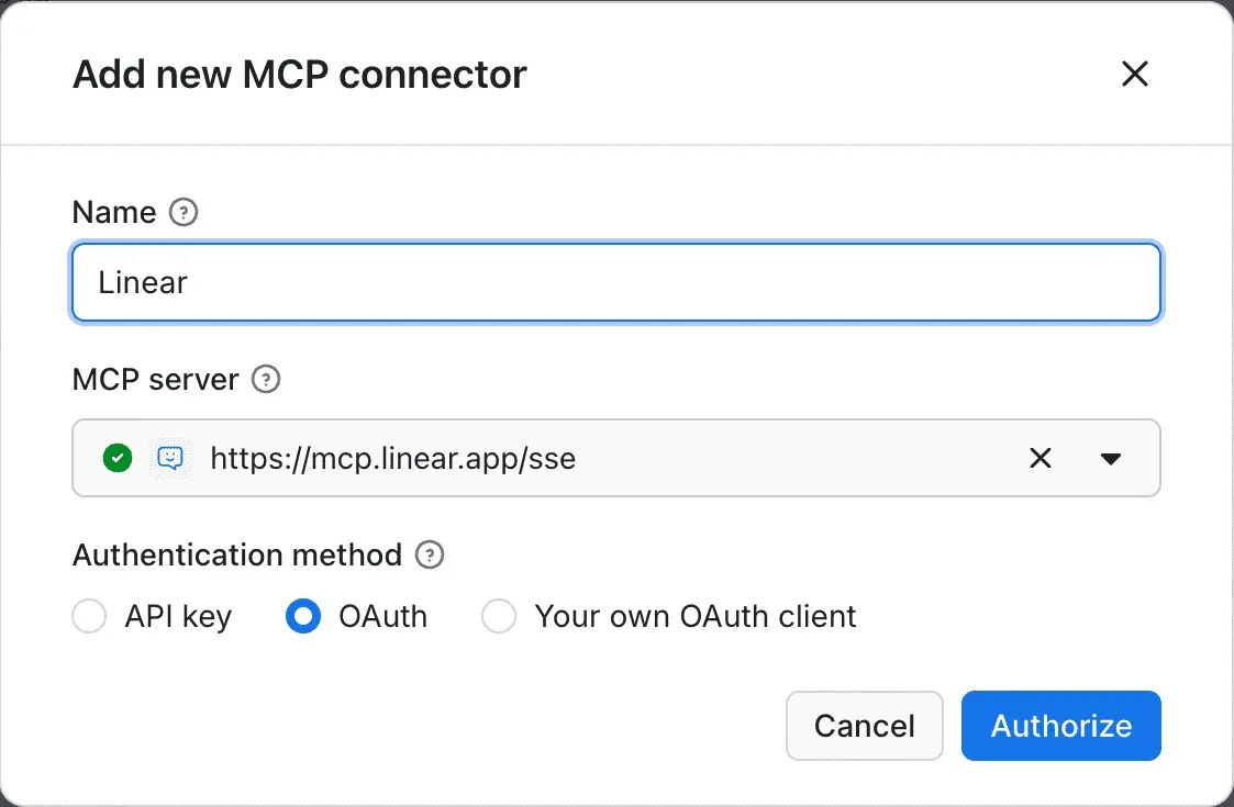 Add new MCP connector dialog with the MCP server URL verified and OAuth selected as the authentication method