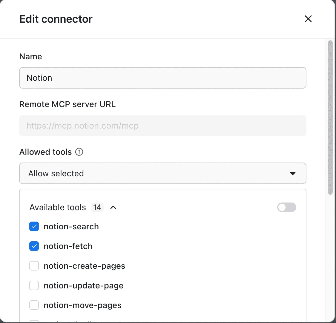 Edit connector dialog with the Allowed tools list restricting a Notion connector to two selected tools