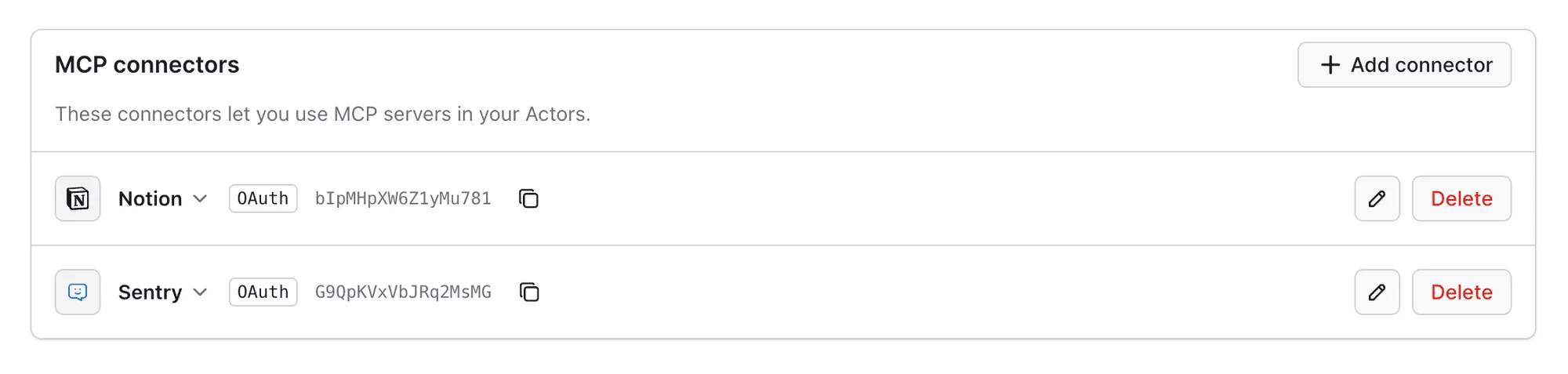 MCP connectors section in account settings, listing authorized connectors with edit and delete controls