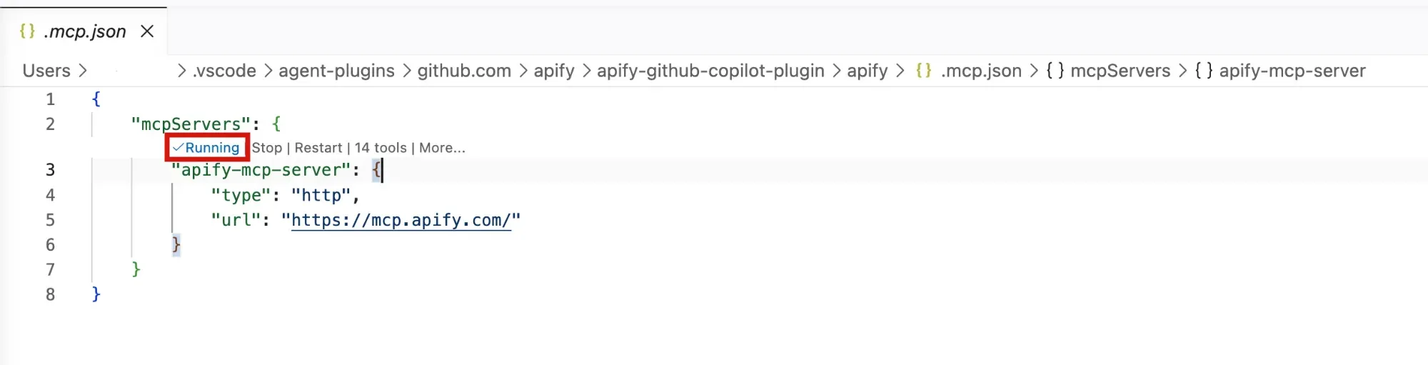 Bundled .mcp.json showing the apify-mcp-server as Running with Stop and Restart actions